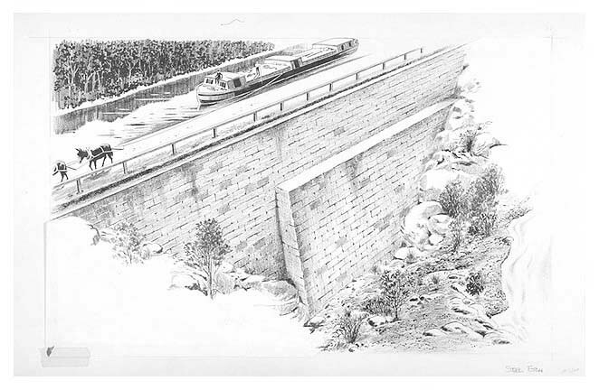 Illustration of an immense buttressed wall cradling the Chesapeake and Ohio Canal and towpath about 70 feet above the present Potomac River level near Widewater.