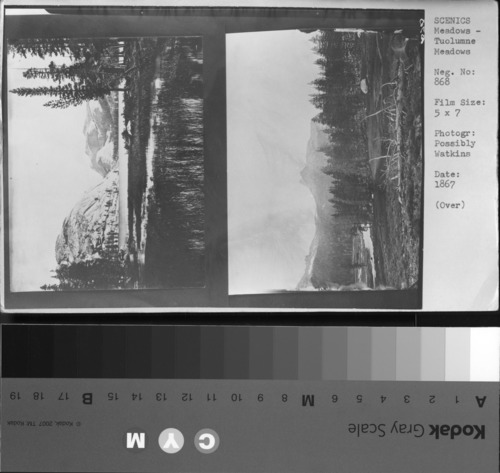 Two copy negatives possibly from Watkins originals. Top negative shows Tenaya Lake, bottom negative shows Tuolumne Meadows. From collection of Francis Farquhar; copied 12/November 1951.