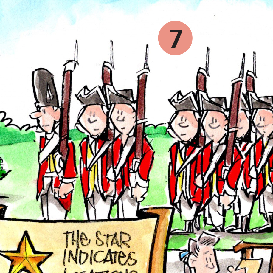 Cartoon drawing of a group of British soldiers in redcoats holding muskets.