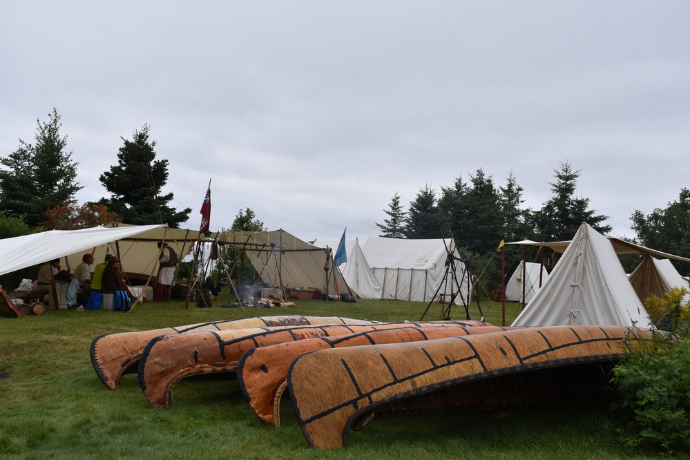 Birch bark canoes and canvas tents in a grassy meadow with tress behind.