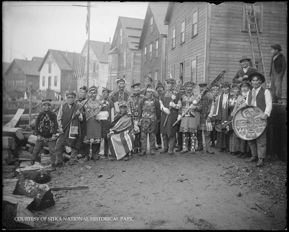 Yakutat clans in ceremonial regalia.