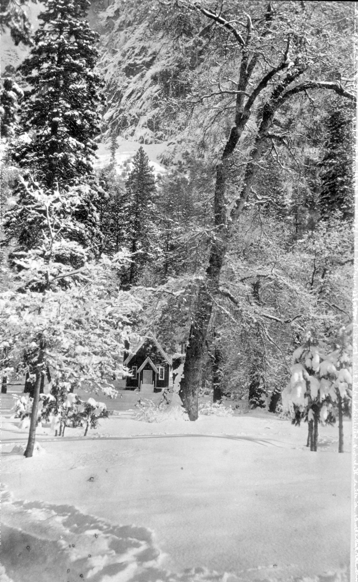 copied from original Fiske photo 6/35 by D.C. Date of original unknown; From Chas. Adair coll.; [on negative card]: Chapel in the snow. Original is a Fiske photo; copied by D.C. on June, 1935. Original from the Chas. Adair collection.