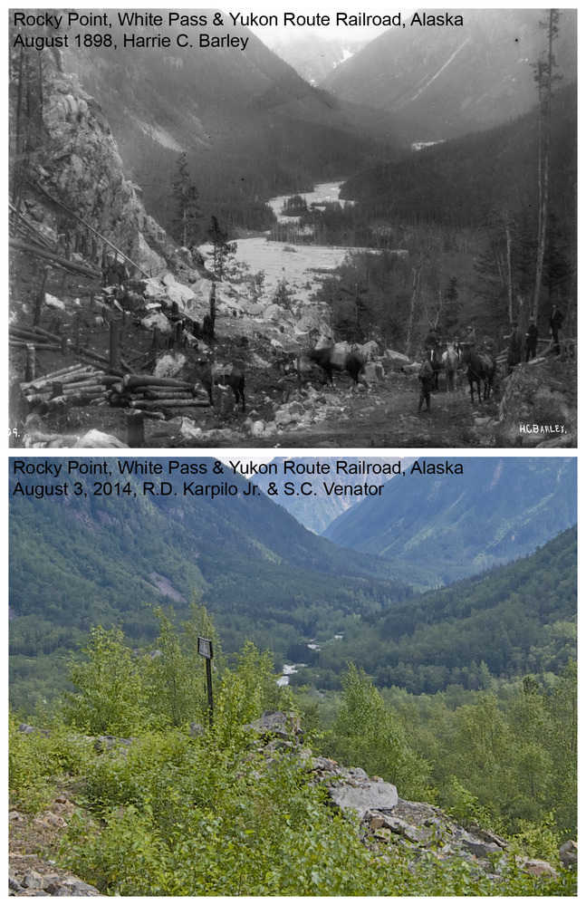 Top: Historic photo of piled logs and horses in a valley. Bottom: modern photo of a valley.