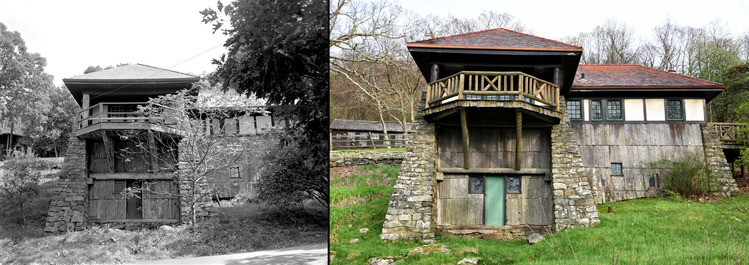 A side by side comparison of a black and white historical photograph and a modern color photograph. Each photograph shows a rustic two story cabin with a semi-circular, large porch.