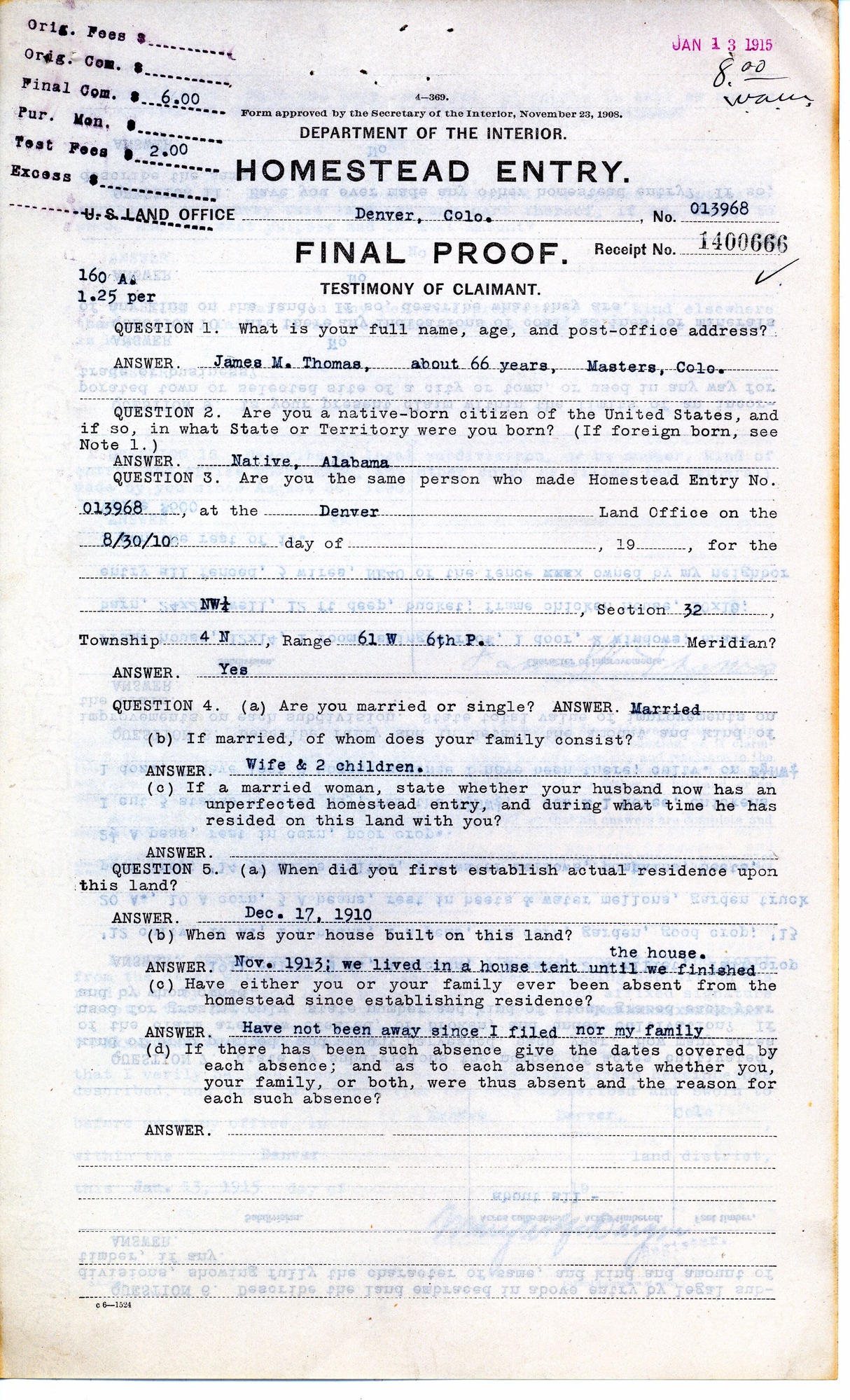 Scanned image of a historic homestead document.  See description for image text.