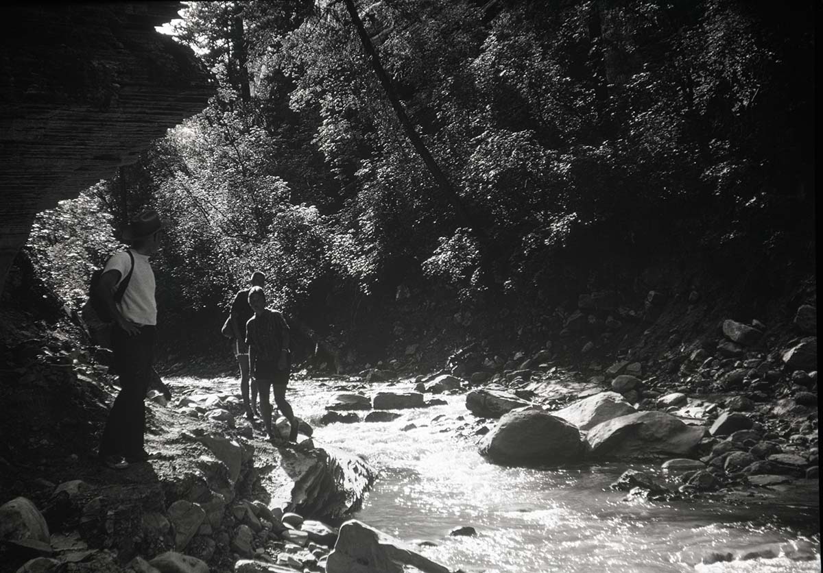Zion Narrows upper end, Ranger Bruce Moorhead in foreground.