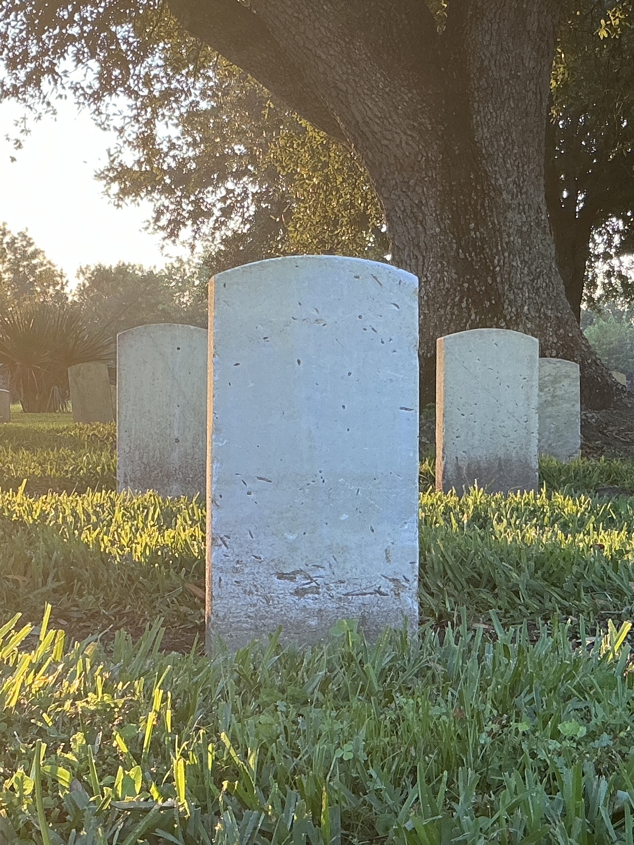 Back of historic upright marble headstone with recessed shield face.