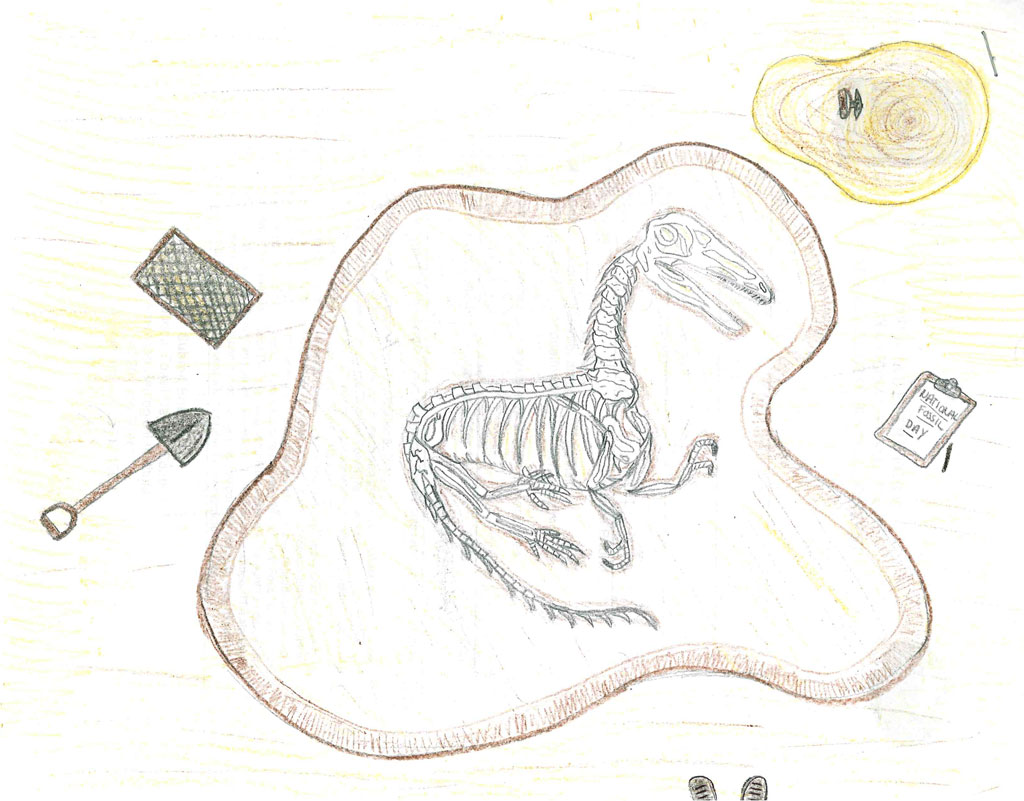 A color pencil drawing of a fossil excavation site with tools and a full dinosaur skeleton. 