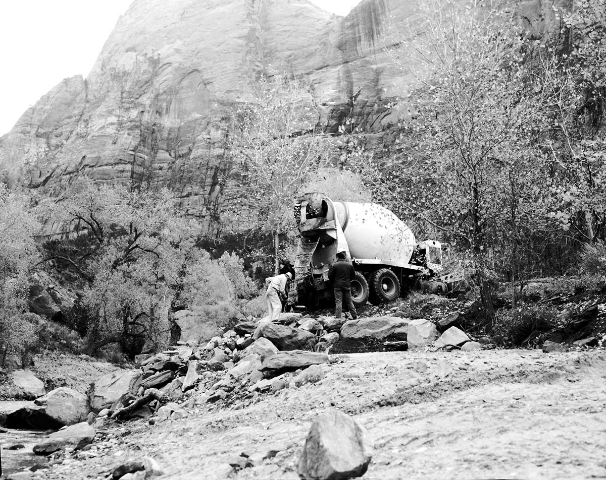 River work. Pouring cement for revetment work.