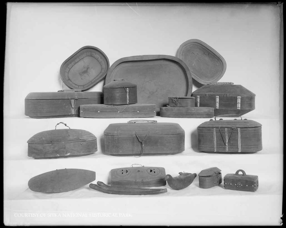 Carved and incised wood boxes and bowls.