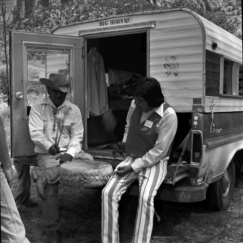 Clifford Jake (left) and Levan Martineau (right) with rawhide drum at third Folklife Festival at Zion National Park Nature Center, September 1979.