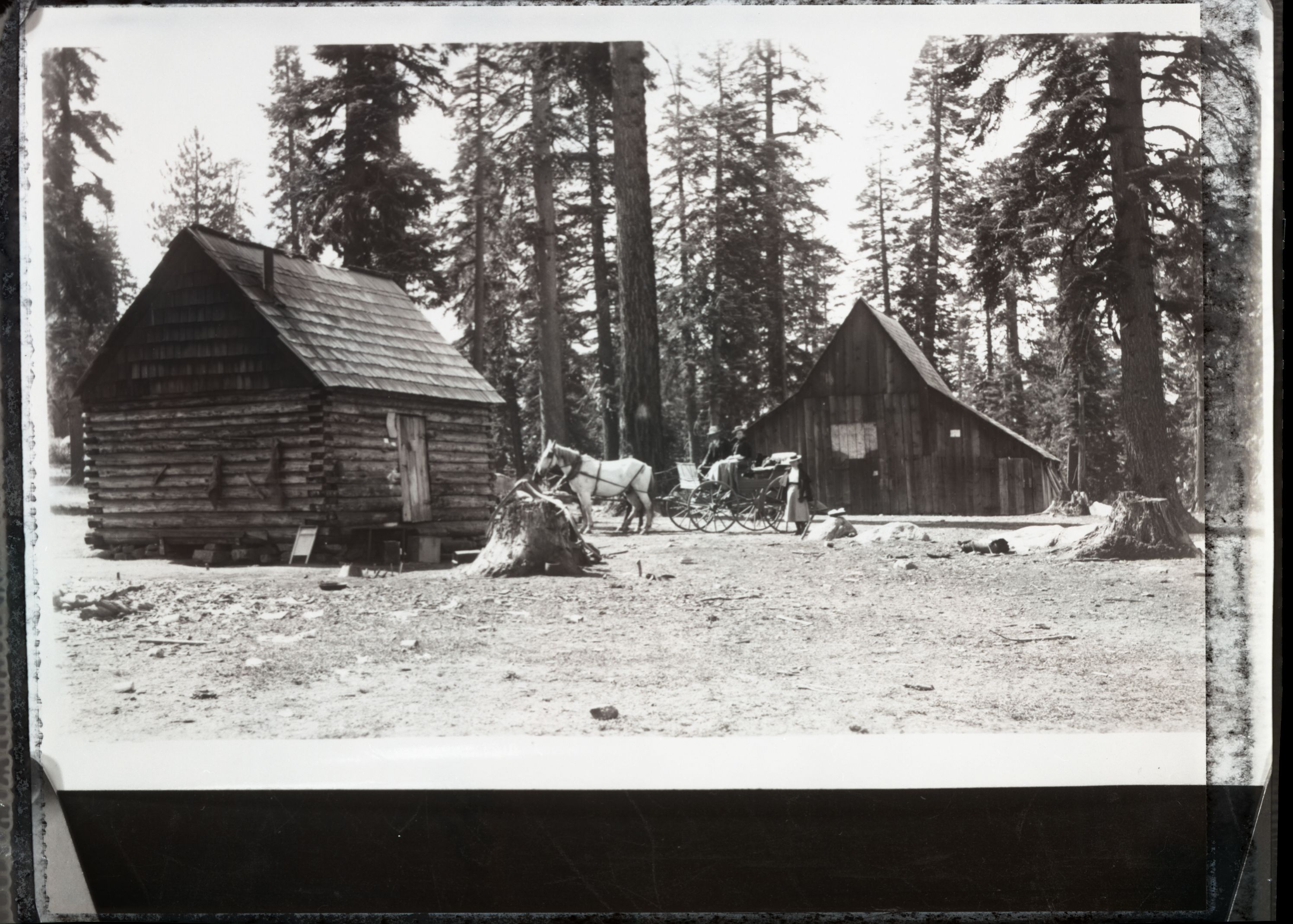 Curtin's "Cow Camp" - Gin Flat, 1901; photo is in "Big Oak Flat Road" by Irene Paden and Margaret Schlichtmann. (p. 228). The negative and print were in an envelope dated March 11, 1964. It is a copy negative done by R. Barbee. The envelope was titled Cabin & barn at Gin Flat.