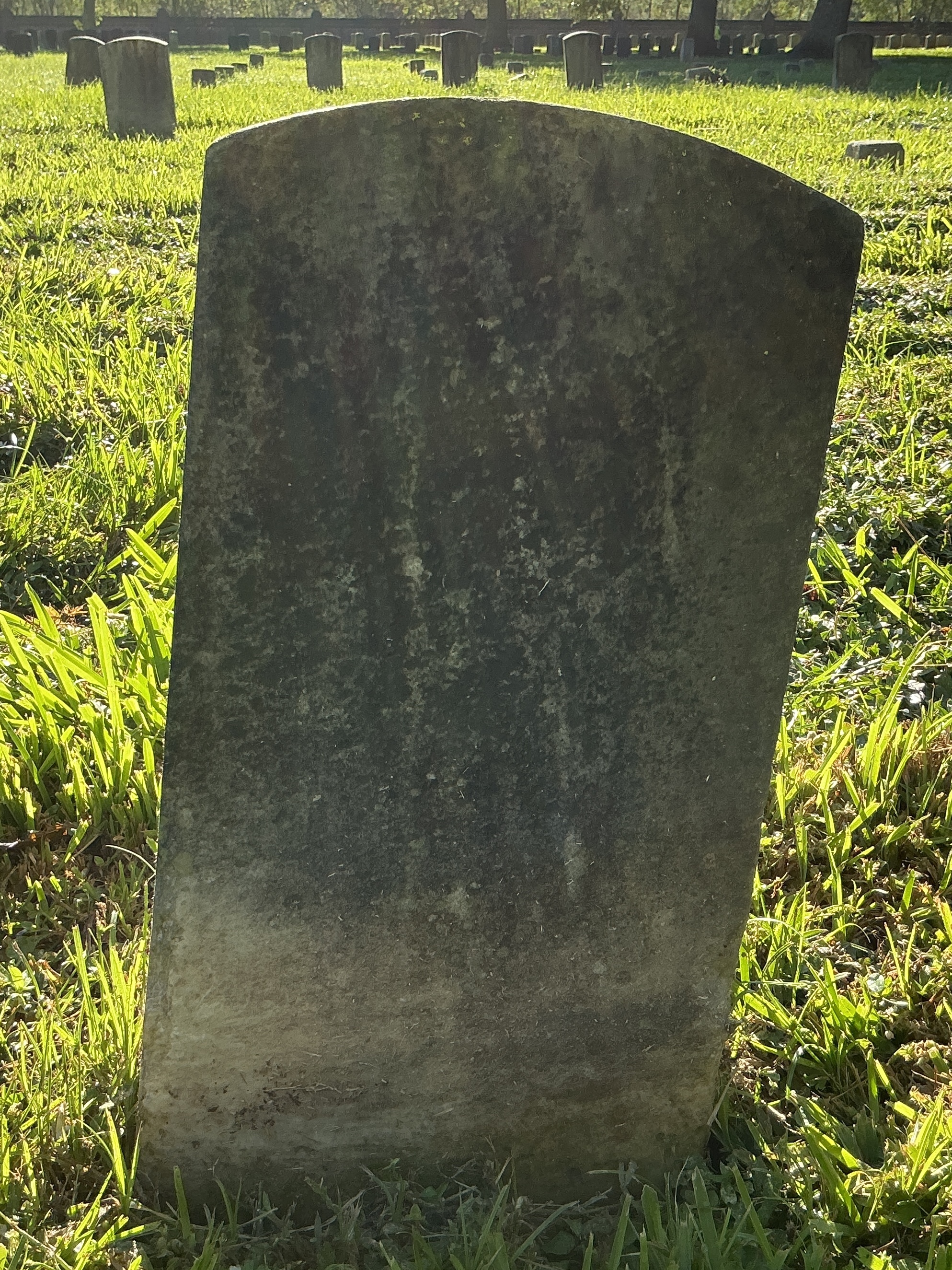 Back of historic upright marble headstone with recessed shield face.