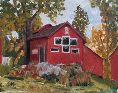 A painting of a red building on a sunny day with a gray rock in front of it.