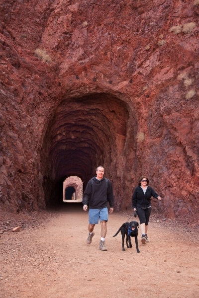 Visitors enjoying the "dog friendly" Historic Railroad Trail at Lake Mead NRA.