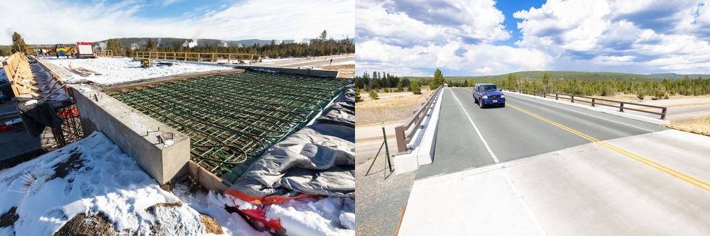 A side-by-side comparison of a bridge during rehabilitation (left) and after rehabilitation (right)