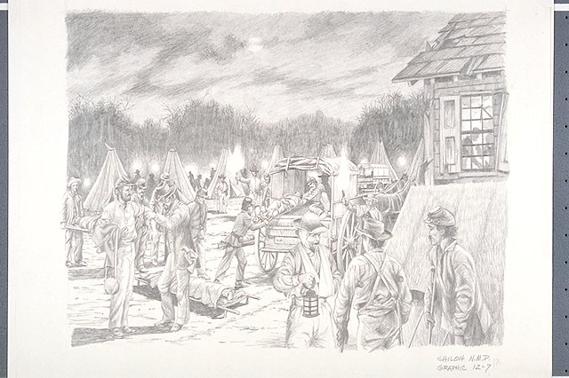 Scene depicts the field tent hospital set up on the evening of April 7, 1862 by medical officers of the Union’s Army of the Ohio after the Battle of Shiloh.