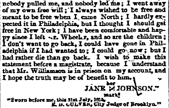 Clipping of the end of Jane Johnson's testimony with her mark at the end.