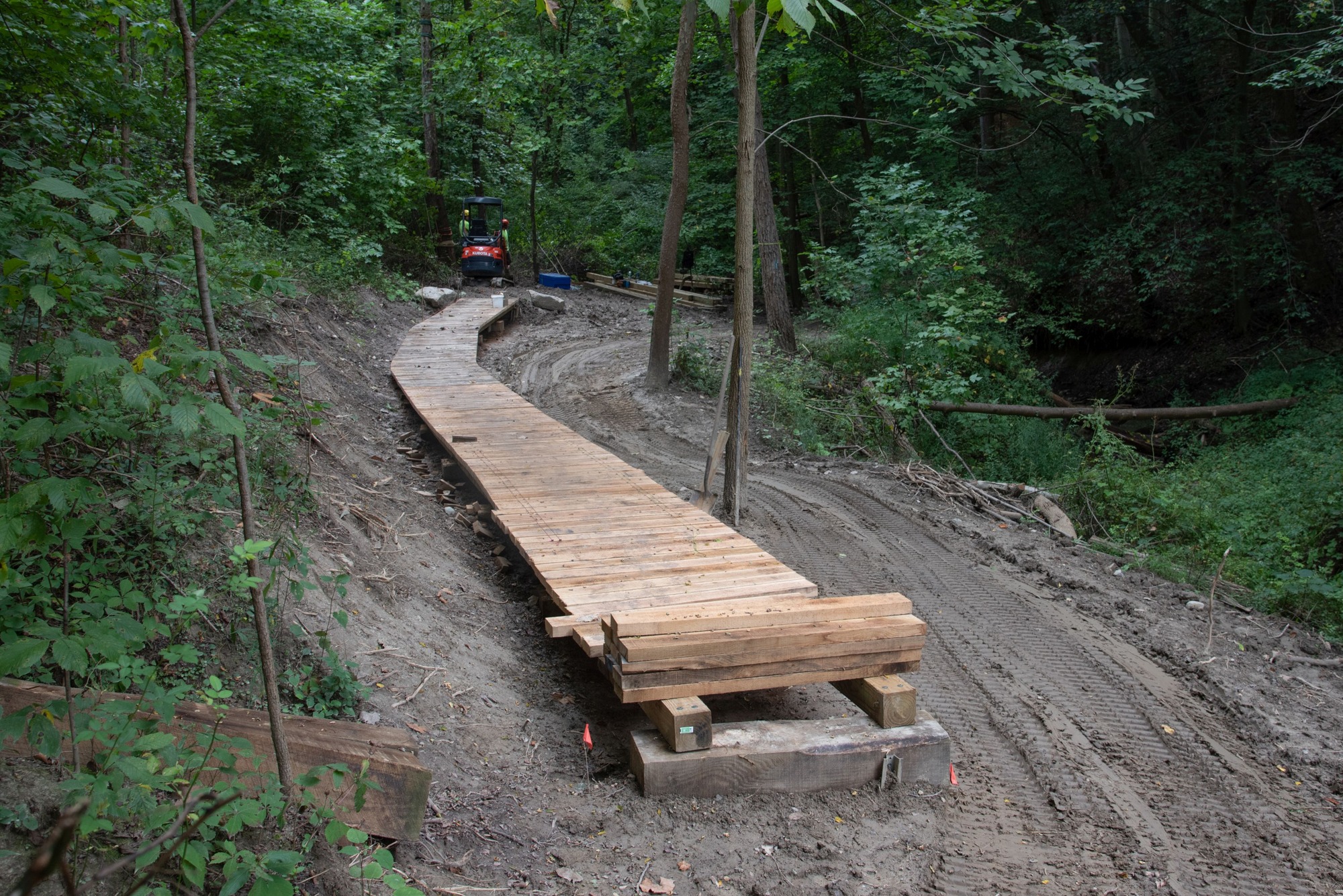 A trail is under construction along a forested hillside. This view looks straight down a 
section that bend right out of view. Short planks of wood are stacked in the foreground, waiting to be added to the new boardwalk. Two trail workers stand behind a skid steer at the far end. The caterpillar tracks of the skid steer run beside the boardwalk.