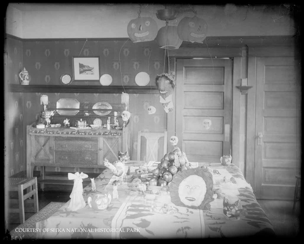 Room decorated for Halloween.