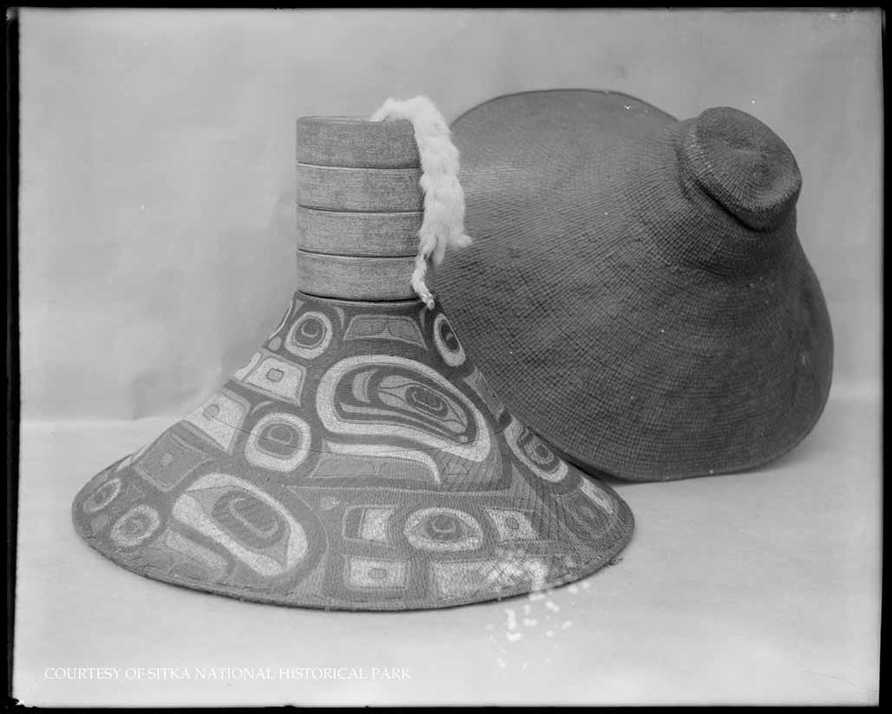 Ceremonial hat: painted spruce root with four rings; ermine skin and separate hat cover.