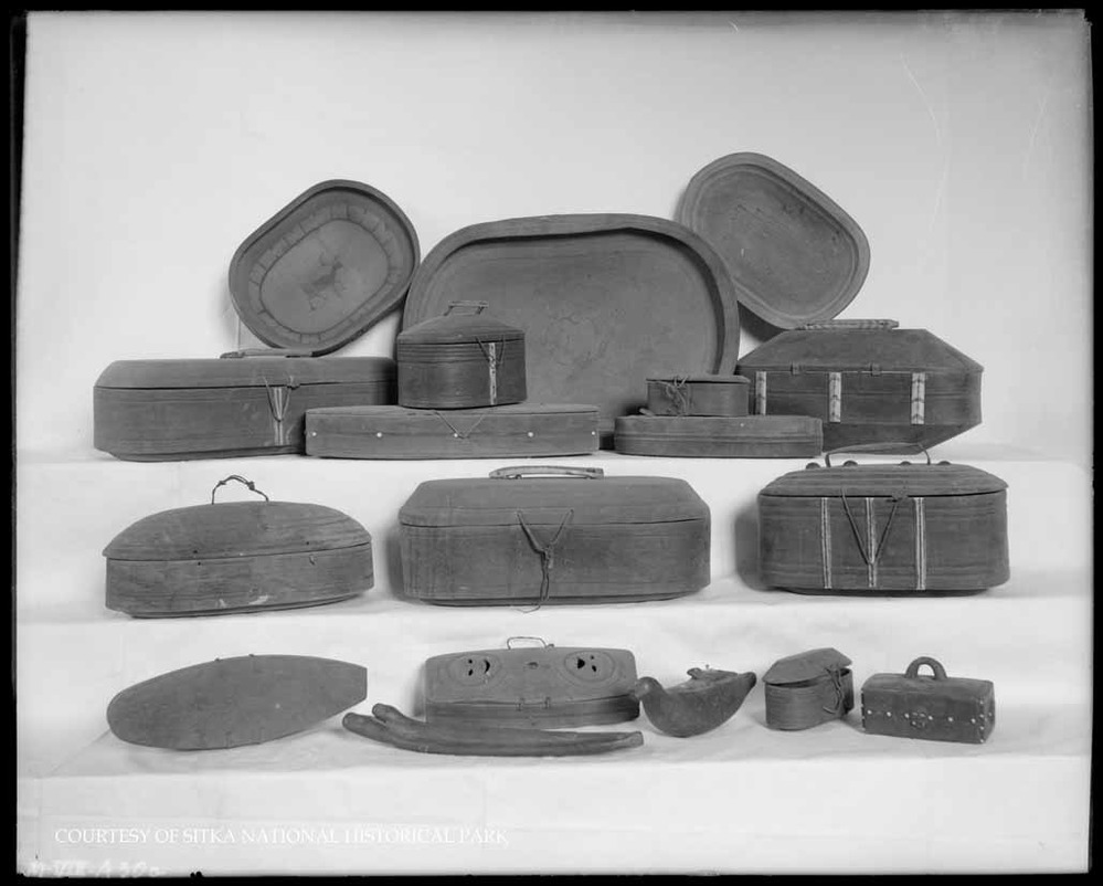 Carved and incised wood boxes and bowls.