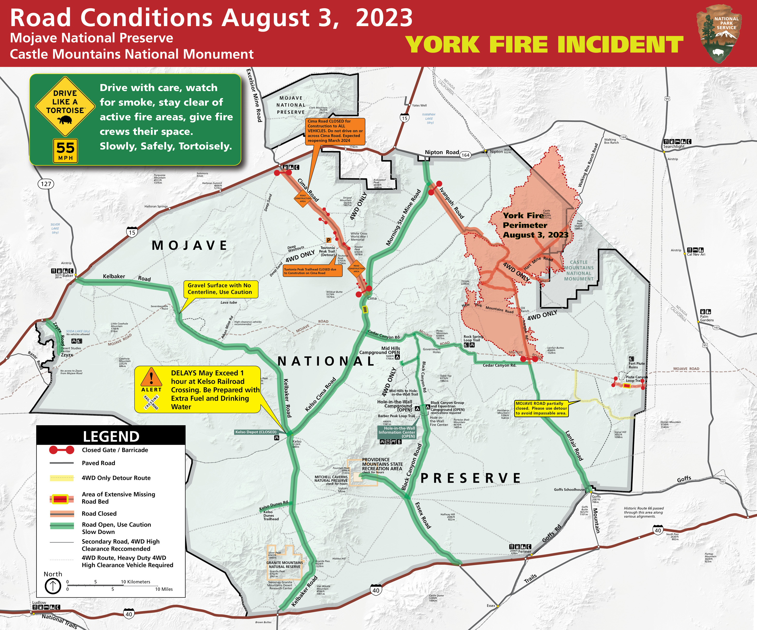 August 3, 2023 Road conditions Map of Mojave National Preserve, showing red closed roads at Cima Road and Ivanpah Road between Monring Star Mine and Cedar Canyon Roads. York FIre Perimeter shown in approximate location on northeastern section of preserve.