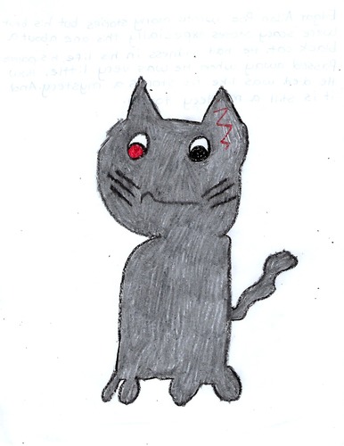 Color illustration in crayon of a black cat with one black eye and one red eye.