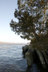 Rocky outcrop in foreground, view of Hudson River looking north.