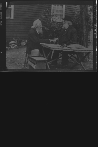 Copy negative of Yosemite Collections #9043. Galen Clark (96) on left & George Fiske on right.  copied by C. H. H. copied February 10, 1961