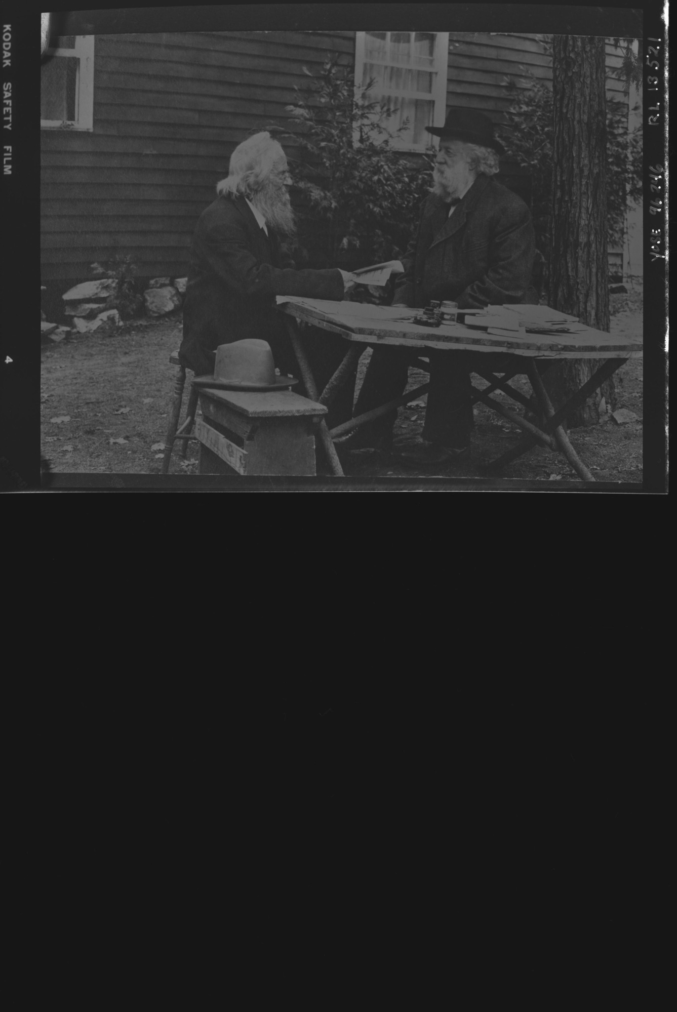 Copy negative of Yosemite Collections #9043. Galen Clark (96) on left & George Fiske on right.  copied by C. H. H. copied February 10, 1961