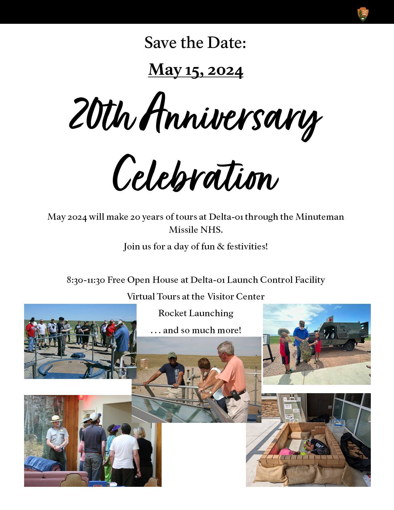 Flyer announcing "Save the date May 15, 2024. 20th Anniversary Celebration" with a few photos of visitors talking to park staff.