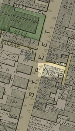 Highlighted section of a 1874 map of R. Johnson's home.