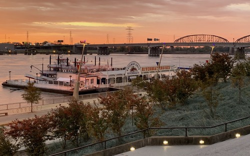 Sunrise on the Gateway ARch Riverboat Cruise Boat dock.