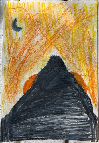A drawing of a black mountain with a white top and an orange and yellow background.