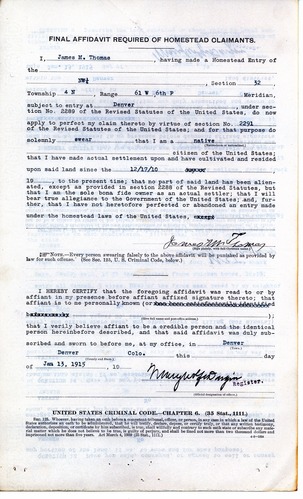 Scanned image of a historic homestead document.  See description for image text.