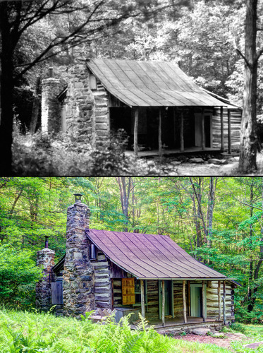 A side by side comparison of a black and white historical photograph and a modern color photograph. Each photograph shows a log cabin in the woods.