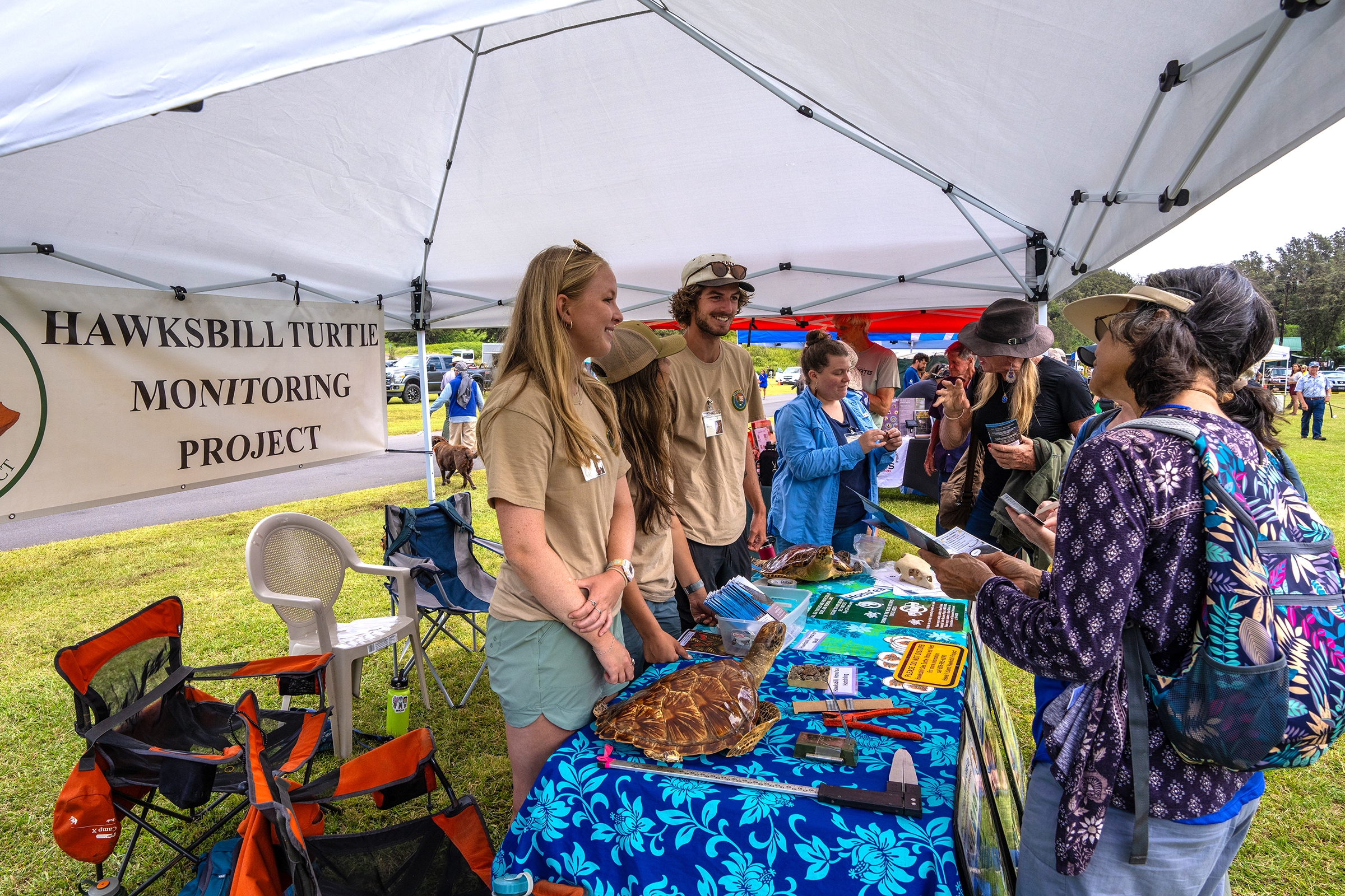 Volunteers stand in front of banner that reads Hawaiʻi Island Hawksbill Project and share information with several people about sea turtles 