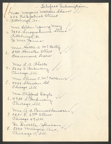 List of subscribers of the Aframerican Woman's Journal, 1943