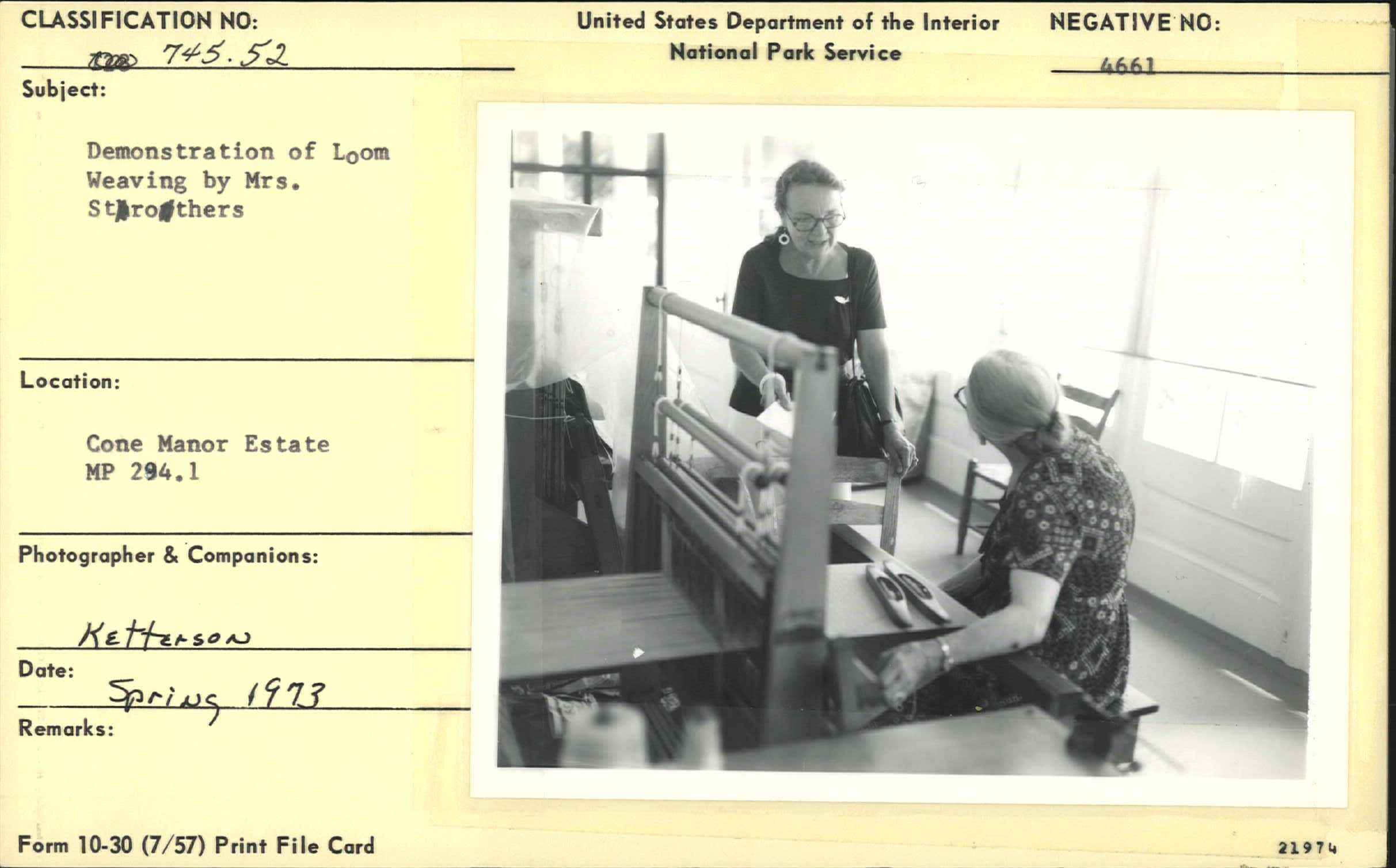 Mrs. Strothers demonstrating loom weaving