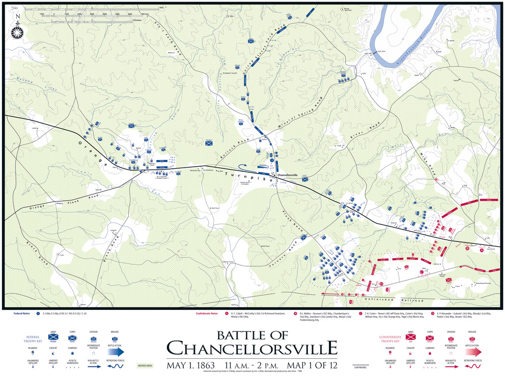 A battle map showing troop movements with United States forces in blue, and Confederate in red, Confederate troops enter the lower right corner of the map while United States forces oppose them.