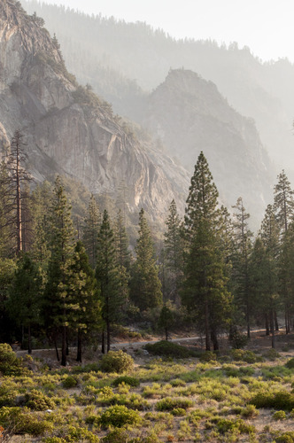 A hazy sky with granite cliffs and a meadow