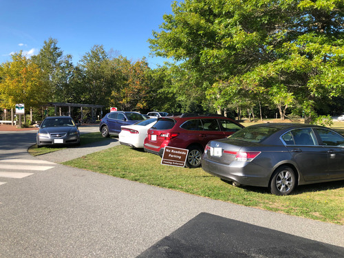 In front of a restaurant, cars park on the grass and over sidewalks in front of a 'no roadside parking' sign.