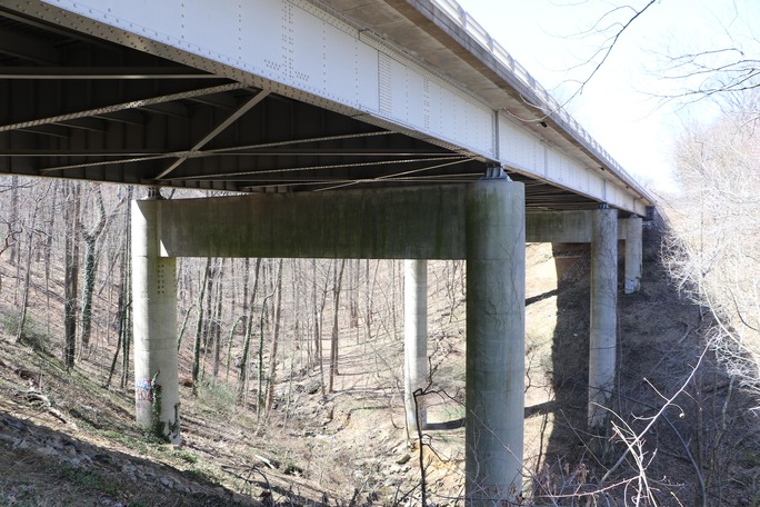 Image showing underside of bridge featuring reinforced concrete columns and a view of the watercourse of Windy Run.