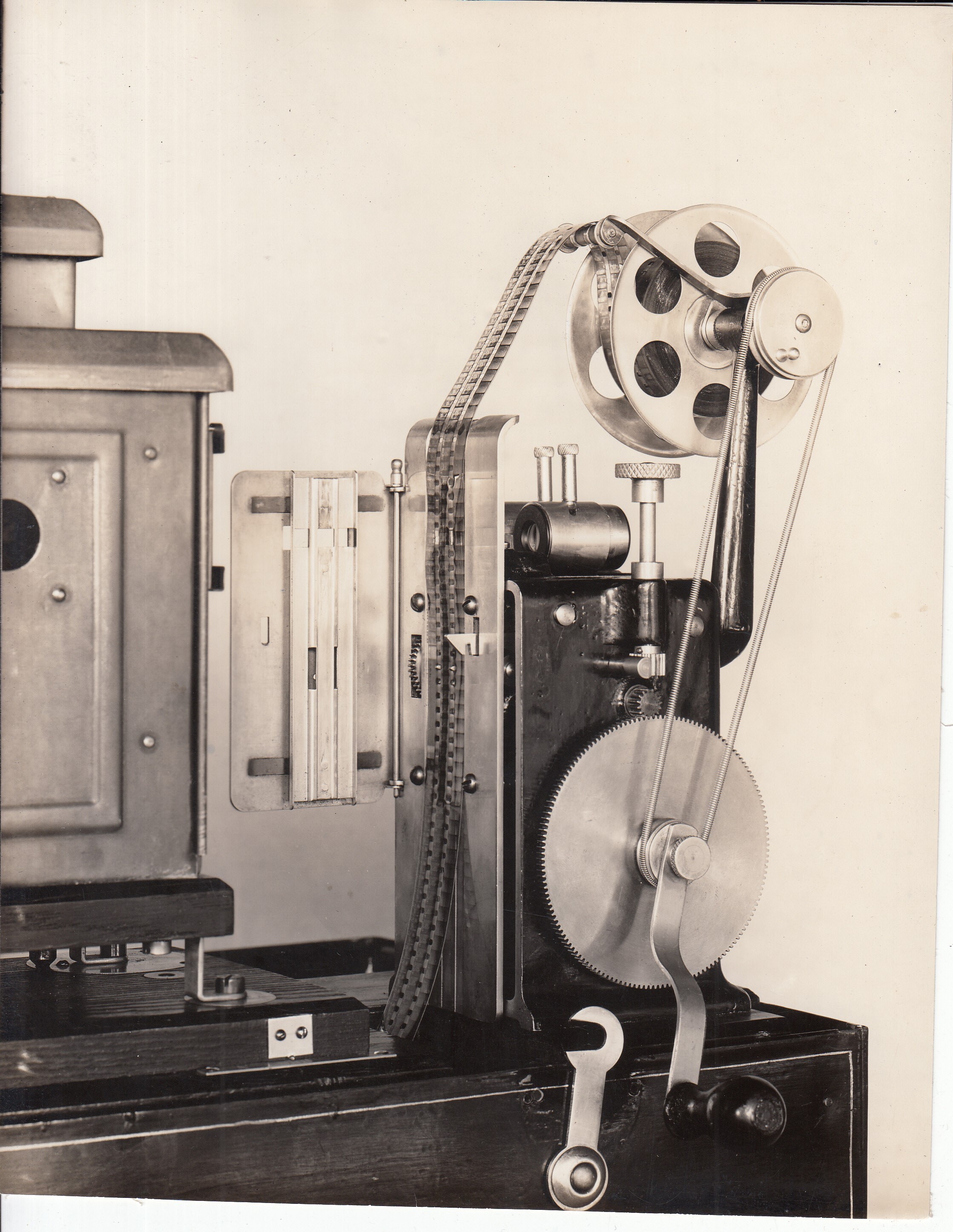 Edison home projecting kinetoscope, gate open, film threaded.