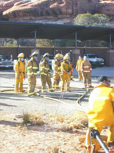 Firefighter crew photos during structural fire training at Mesa Verde National Park, 2001
