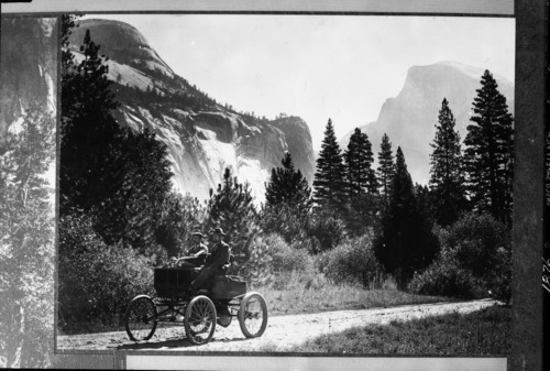 Arthur E. Holmes and Frank H. Holmes from San Jose, Ca. in a Stanley Steamer. This was the second auto in Yosemite Valley. (Lippincott was to drive the first auto in Yosemite Valley). [SLIDE: 201-SL09-544 P. 6]