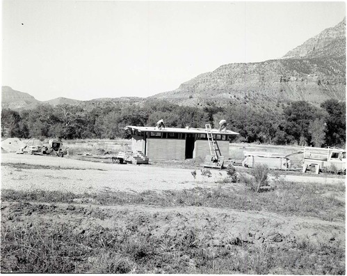 Construction of comfort station, Watchman Campground, near completion.