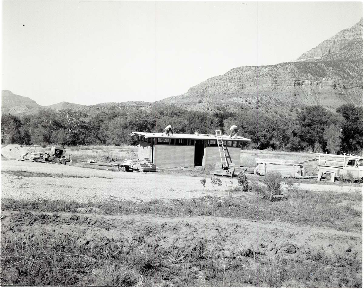 Construction of comfort station, Watchman Campground, near completion.