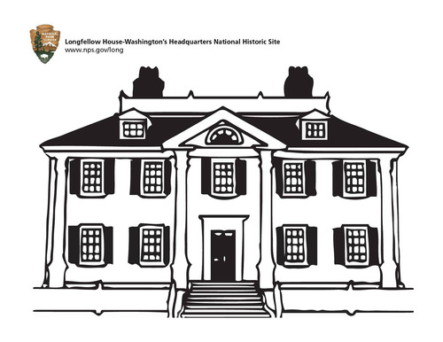 line drawing of three-story mansion with symmetrical front, 12 windows with shutters, and four pillasters